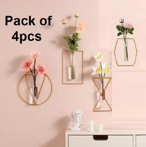 4pc Wall-mounted Glass Vase Home Decor Wall Decoration Iron Hanging Flower Vases Hydroponic Plants Container