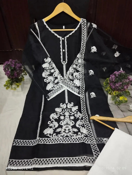 3 Pcs Women's Stitched Organza Embroidered Suit