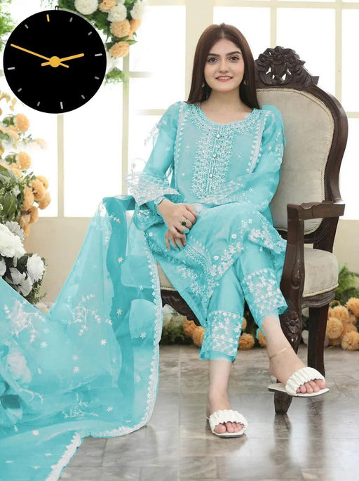 3 Pcs Women's Stitched Organza Suit with Embroidered Dupatta