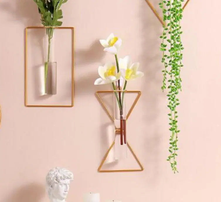 4pc Wall-mounted Glass Vase Home Decor Wall Decoration Iron Hanging Flower Vases Hydroponic Plants Container