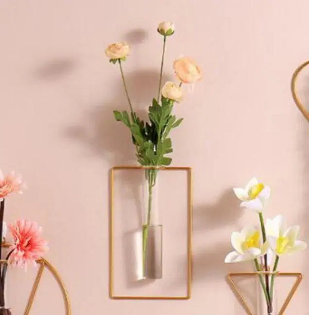 4pc Wall-mounted Glass Vase Home Decor Wall Decoration Iron Hanging Flower Vases Hydroponic Plants Container