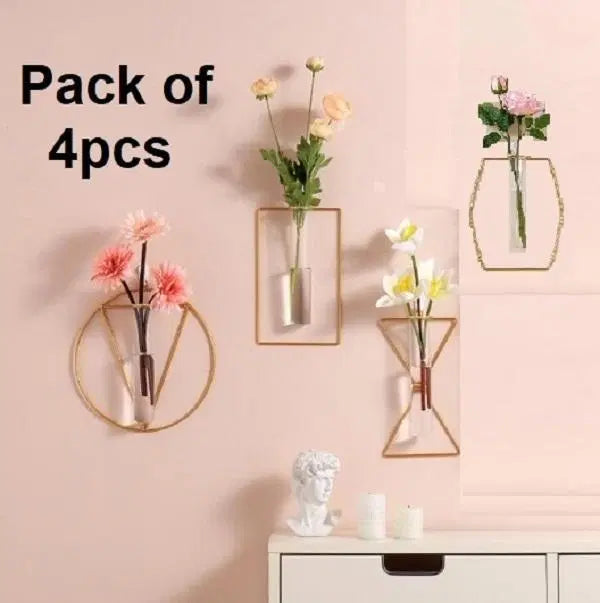 4pc Wall-mounted Glass Vase Home Decor Wall Decoration Iron Hanging Flower Vases Hydroponic Plants Container