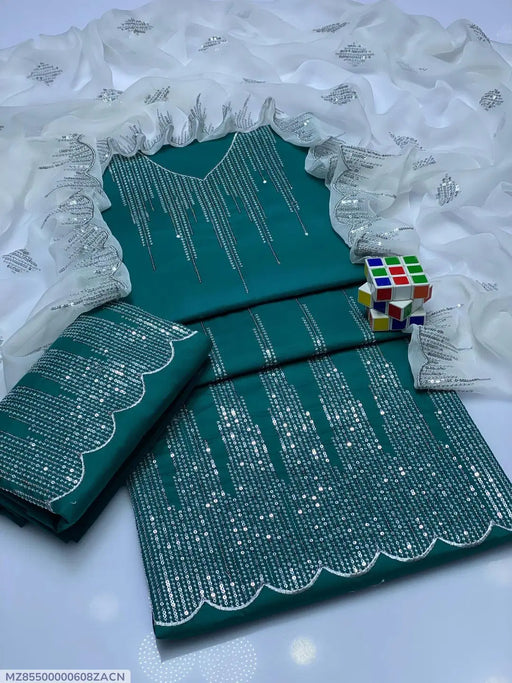 3 Pcs Women's Unstitched Zari Tilla Embroidered Suit