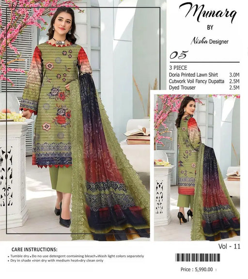 3 Pcs Women's Unstitched Lawn Embroidered Suit