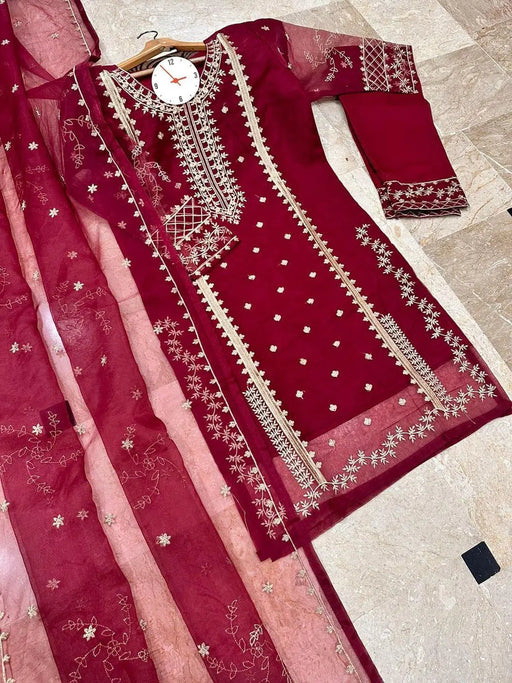 3 Pcs Women's Stitched Organza Suit with Embroidered Dupatta