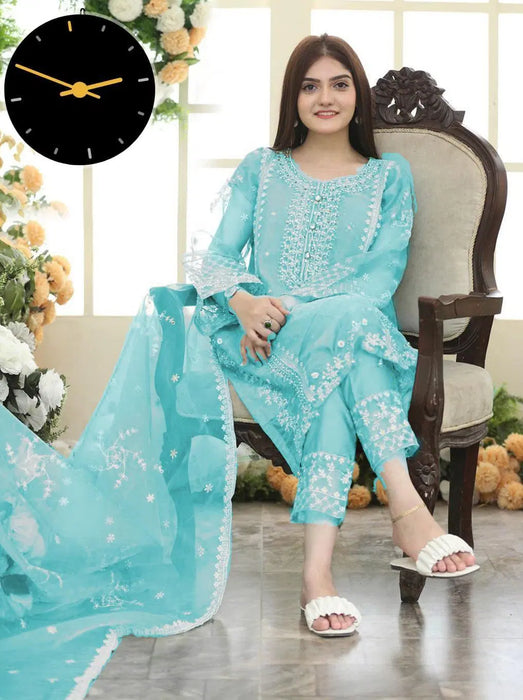 3 Pcs Women's Stitched Organza Suit with Embroidered Dupatta