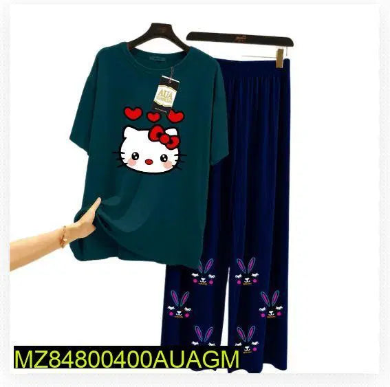 2 Pcs Women's Stitched Jersey Printed Sleepwear