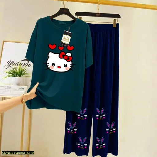 2 Pcs Women's Stitched Jersey Printed Sleepwear