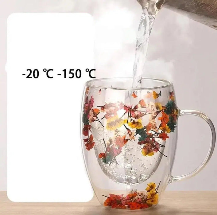Double Glass Artificial Flowers Transparent Coffee Mug - 350ml